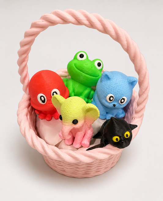 Mini Basket Buddies 3D Printed Animal Figure Set, Cute Mini Basket with 5 Collectible Figures, Kids Gift, Party Favor, Desk Decor