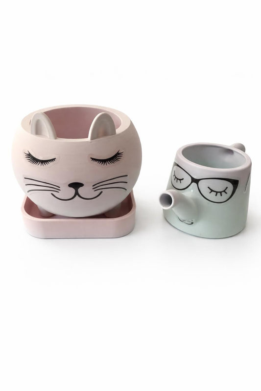 Cat Planter Set with Tray & Watering Can