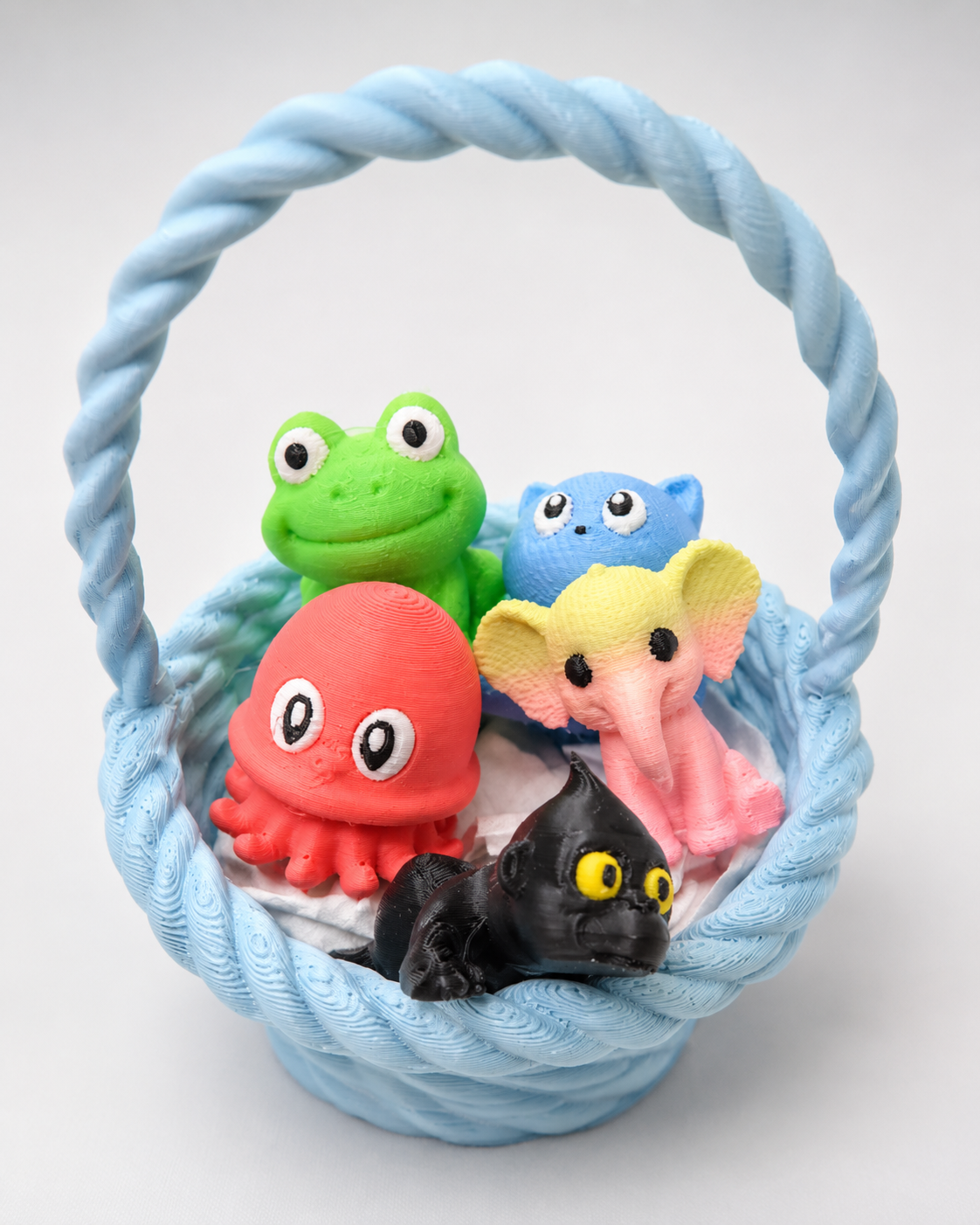 Mini Basket Buddies 3D Printed Animal Figure Set, Cute Mini Basket with 5 Collectible Figures, Kids Gift, Party Favor, Desk Decor