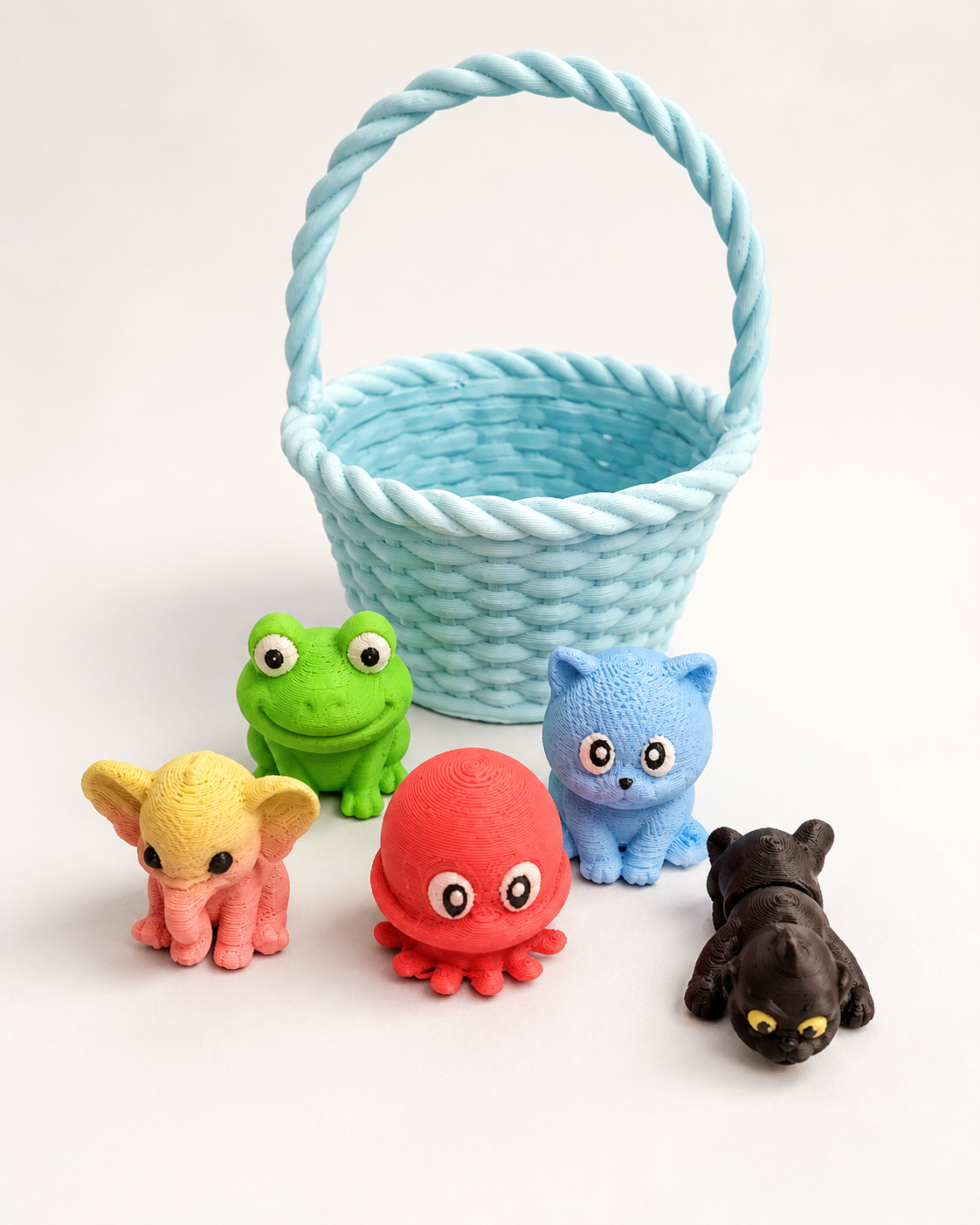 Mini Basket Buddies 3D Printed Animal Figure Set, Cute Mini Basket with 5 Collectible Figures, Kids Gift, Party Favor, Desk Decor