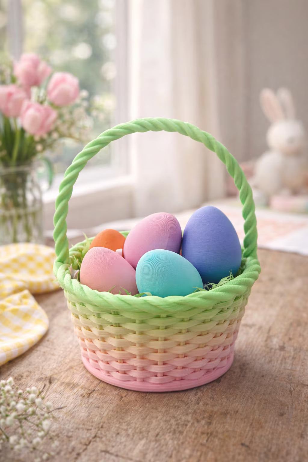 3D Printed Easter Basket with Colorful Eggs – Mini Wicker-Style Decor