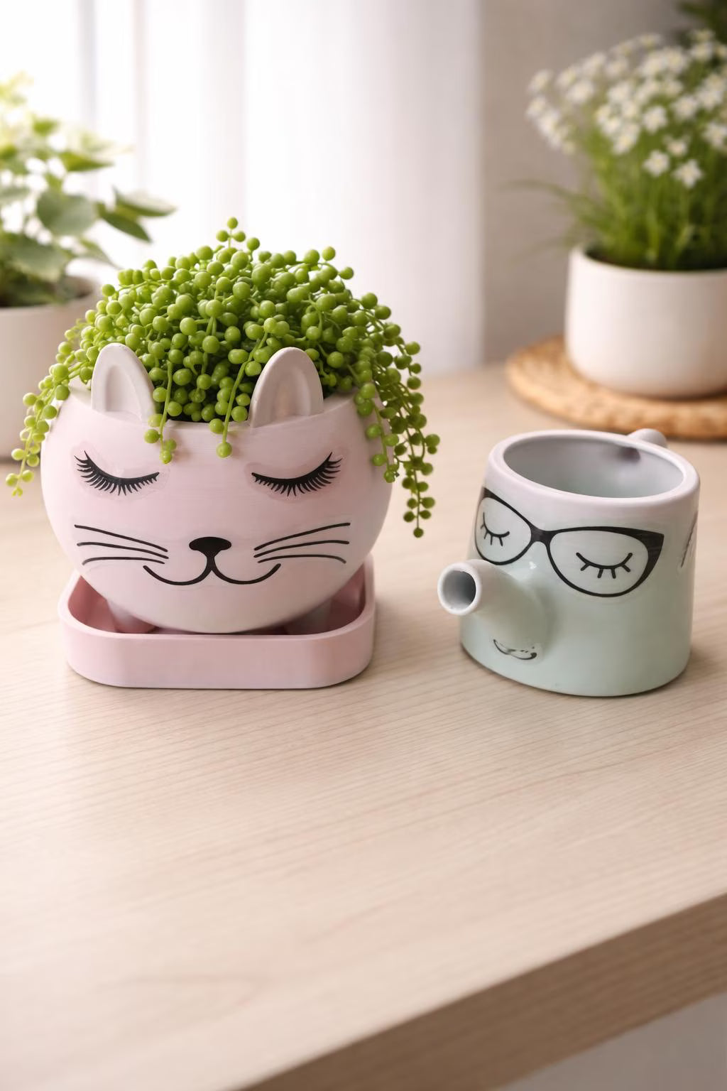 Cat Planter Set with Tray & Watering Can